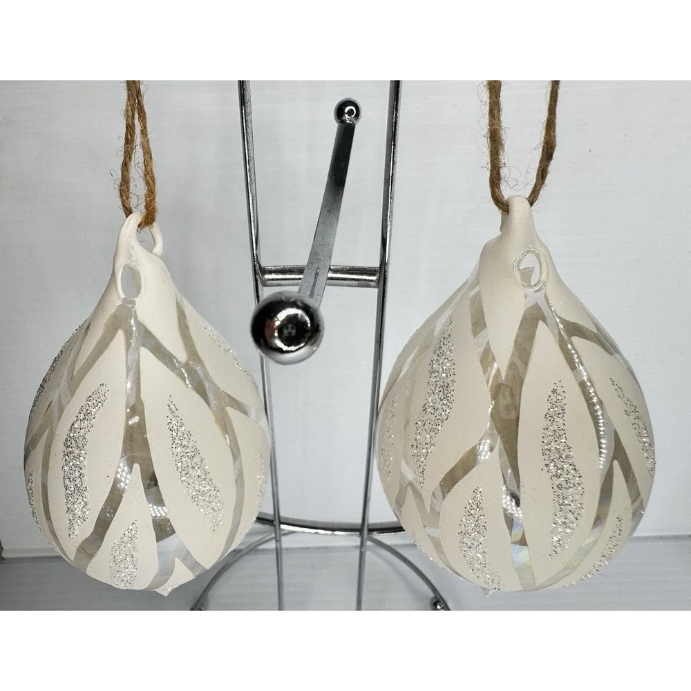 Pottery Barn NWT Set of 2 White Silver Glitter Glass Teardrop Hanging Ornaments
